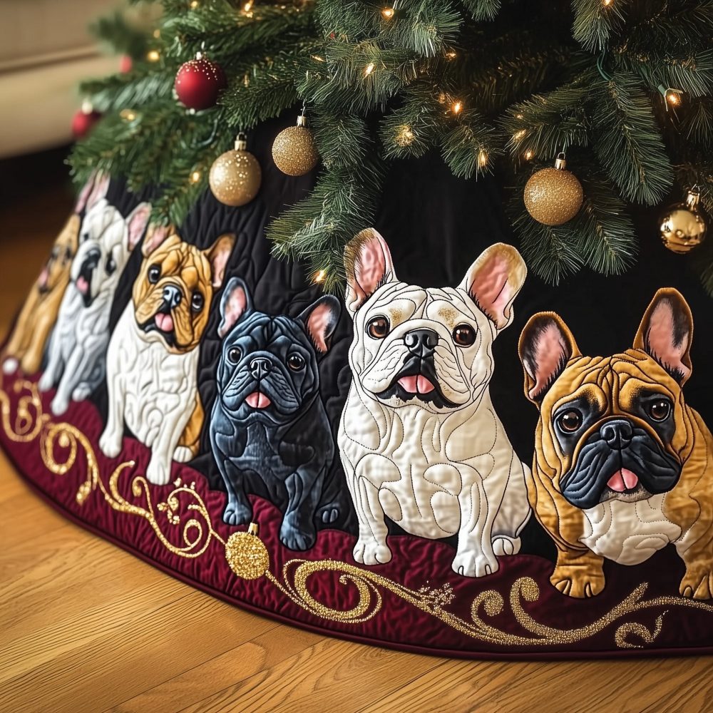 Cozy Fawn & French Bulldog Holiday Tree Skirt — Made-To-Order Plush Round Skirt For Christmas Trees, Custom Sizes Available