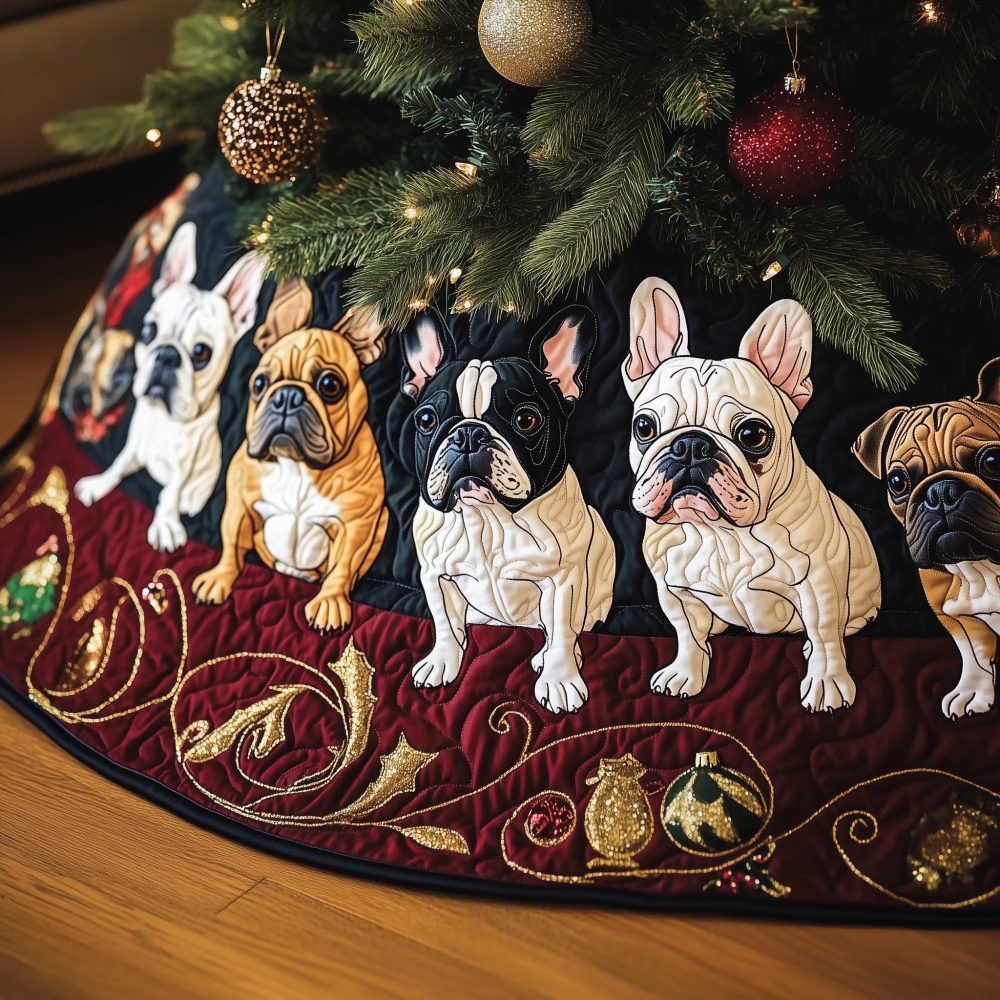 Luxurious Burgundy French Bulldog Christmas Tree Skirt — Made-To-Order Holiday Decor, Plush & Custom Fit