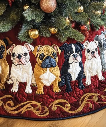 Wine Band Frenchie Line Tree Skirt - Sophisticated Wine-Red Border With French Bulldog Silhouettes, Custom Made-To-Order Holiday Décor