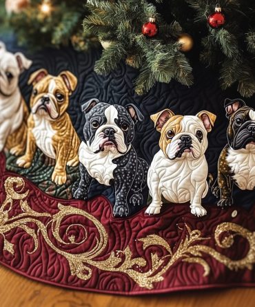 Crimson Vine Bulldog Christmas Tree Skirt - Bold Floral Band With English Bulldogs, Custom Made-To-Order Holiday Décor For Bulldog Fans