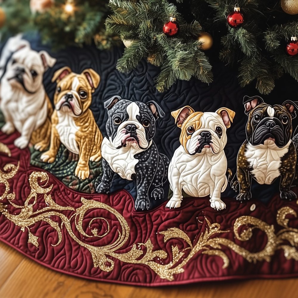 Crimson Vine Bulldog Christmas Tree Skirt - Bold Floral Band With English Bulldogs, Custom Made-To-Order Holiday Décor For Bulldog Fans