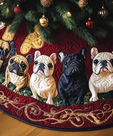 Berry Red French Bulldog Quartet Tree Skirt - Four Cute Frenchies On Bold Red, Custom Made-To-Order Holiday Skirt For Dog Lovers