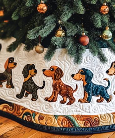 Patchwork Dachshund Walk Tree Skirt - Handmade Quilted Style With Playful Sausage Dogs, Custom Made-To-Order Holiday Floor Décor