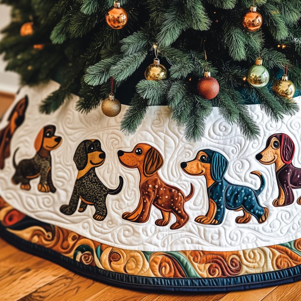 Patchwork Dachshund Walk Tree Skirt - Handmade Quilted Style With Playful Sausage Dogs, Custom Made-To-Order Holiday Floor Décor