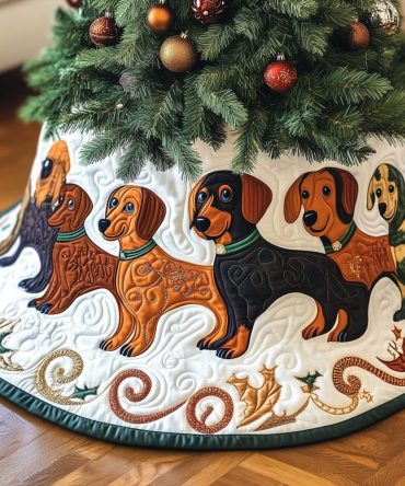 Cream Scroll Dachshund Parade Tree Skirt - Elegant Scroll Background With Marching Sausage Dogs, Custom Made-To-Order Christmas Accent