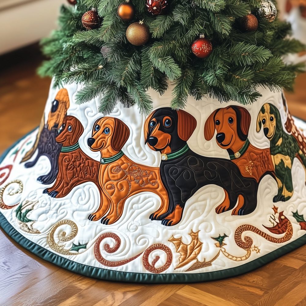 Cream Scroll Dachshund Parade Tree Skirt - Elegant Scroll Background With Marching Sausage Dogs, Custom Made-To-Order Christmas Accent