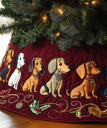 Wine Red Dachshund Friends Tree Skirt - Rich Holiday Fabric With Playful Sausage Dog Motif, Custom Made-To-Order For Dog Enthusiasts