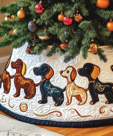 Folk Art Dachshund Christmas Tree Skirt - White Band Design With Charming Sausage Dogs, Custom Made-To-Order Festive Accent