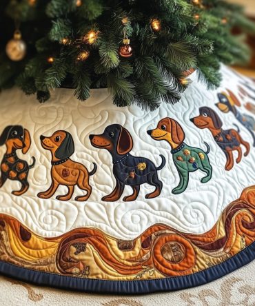 Amber Wave Dachshund Ring Holiday Tree Skirt - Elegant Retro Dog Pattern, Custom Made-To-Order Christmas Décor For Dachshund Fans