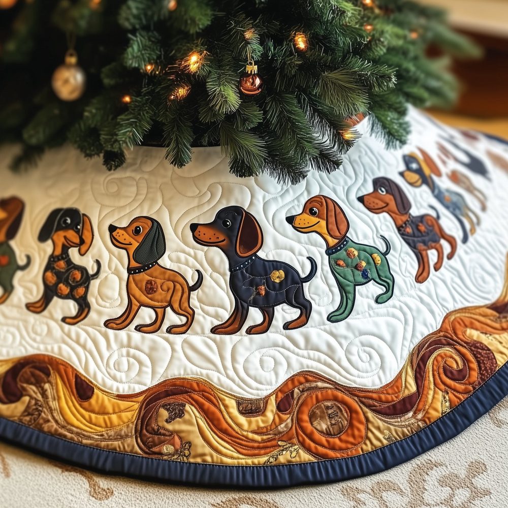 Amber Wave Dachshund Ring Holiday Tree Skirt - Elegant Retro Dog Pattern, Custom Made-To-Order Christmas Décor For Dachshund Fans