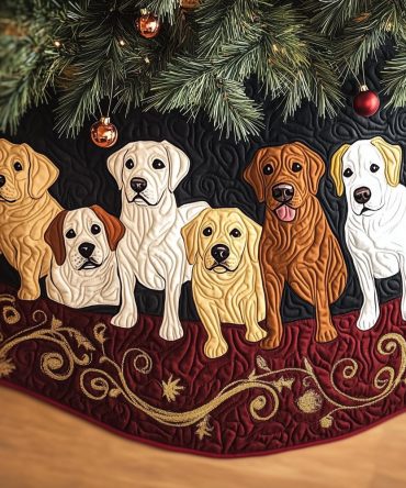 Burgundy Christmas Tree Skirt With Labradors & Gold Swirls — Luxurious Made-To-Order Holiday Decor For Dog Lovers