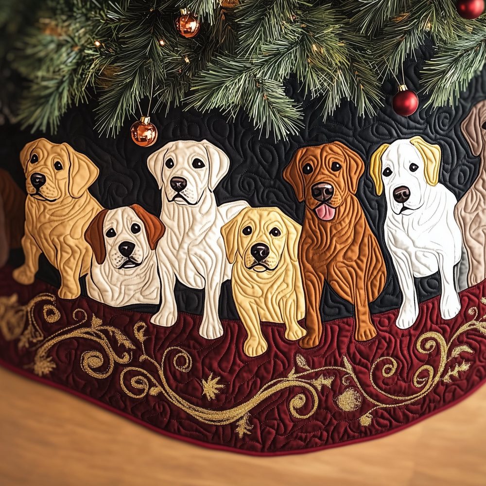Burgundy Christmas Tree Skirt With Labradors & Gold Swirls — Luxurious Made-To-Order Holiday Decor For Dog Lovers
