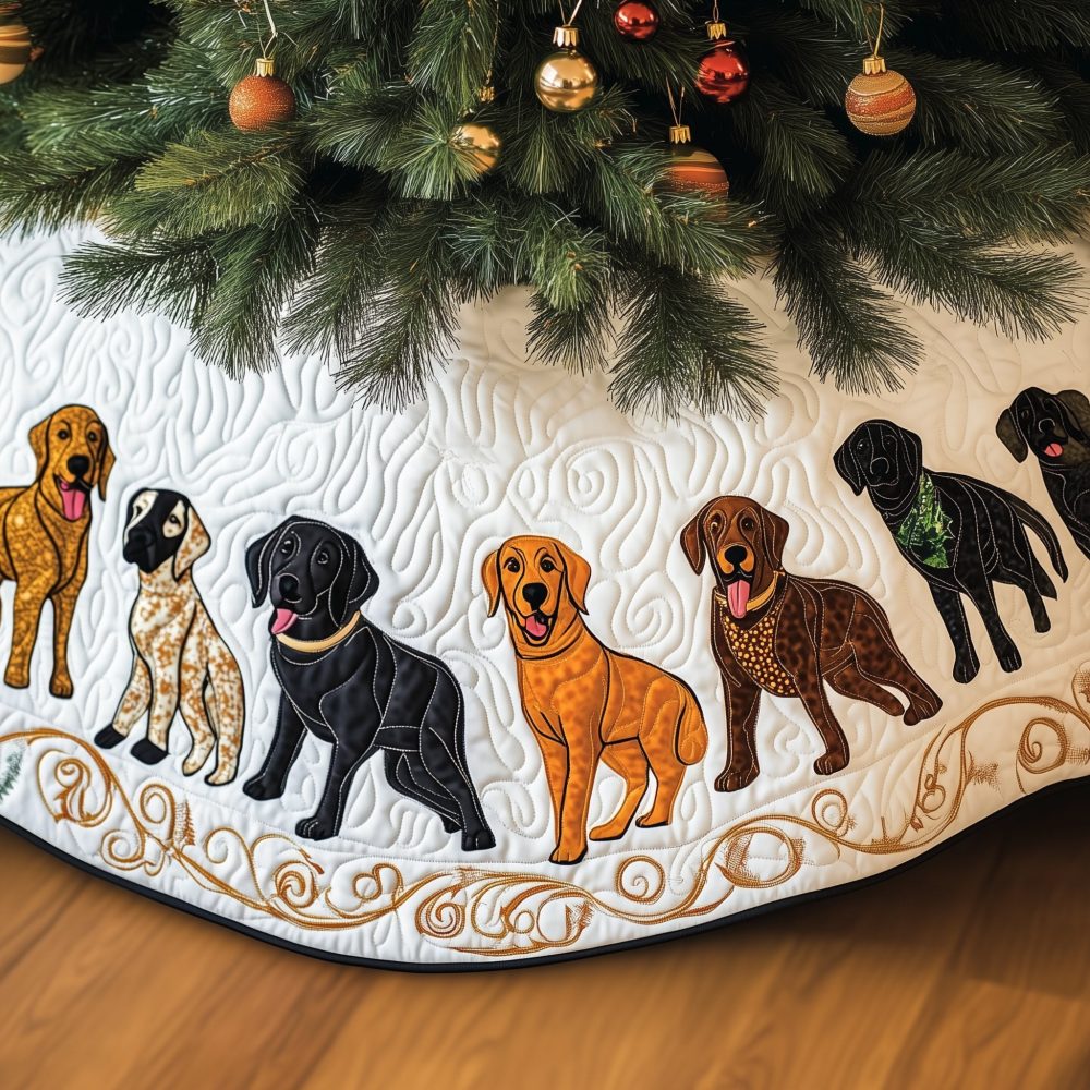Labrador Line-Up Christmas Tree Skirt — White Swirls Pattern, Custom-Made Holiday Mat For Dog Owners And Gifts