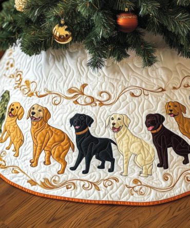 Custom Orange Scroll Border Christmas Tree Skirt Featuring Labradors — Made-To-Order Festive Floor Cover For Pet Enthusiasts