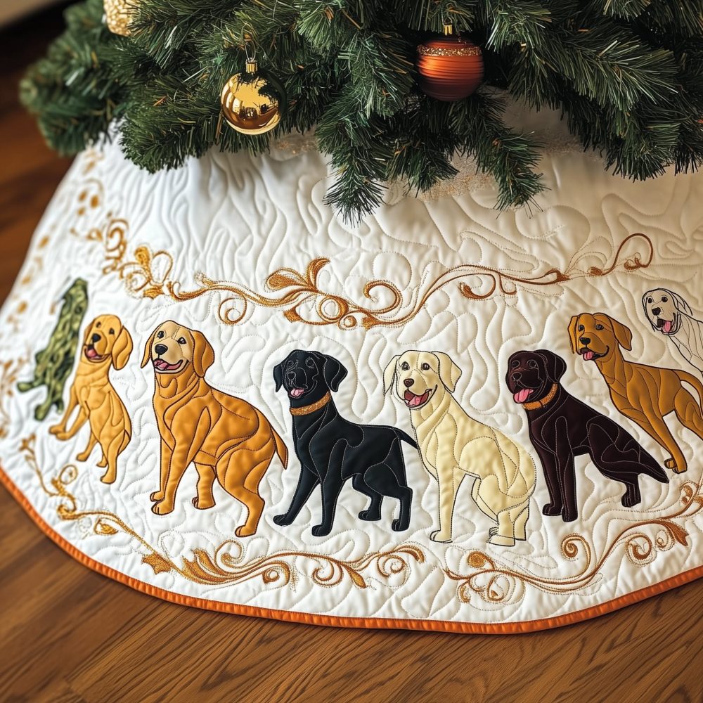Custom Orange Scroll Border Christmas Tree Skirt Featuring Labradors — Made-To-Order Festive Floor Cover For Pet Enthusiasts