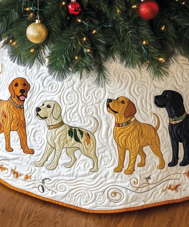 White Christmas Tree Skirt With Labradors Wearing Gold Collars — Custom-Made Holiday Pet Décor, Elegant Dog Lover Gift