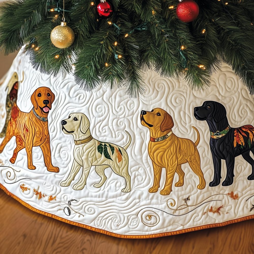 White Christmas Tree Skirt With Labradors Wearing Gold Collars — Custom-Made Holiday Pet Décor, Elegant Dog Lover Gift