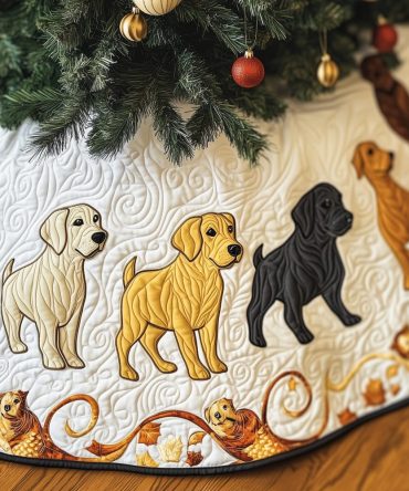 Personalized Labrador Puppy Christmas Tree Skirt — White Quilted Design, Made-To-Order Soft Holiday Floor Cover