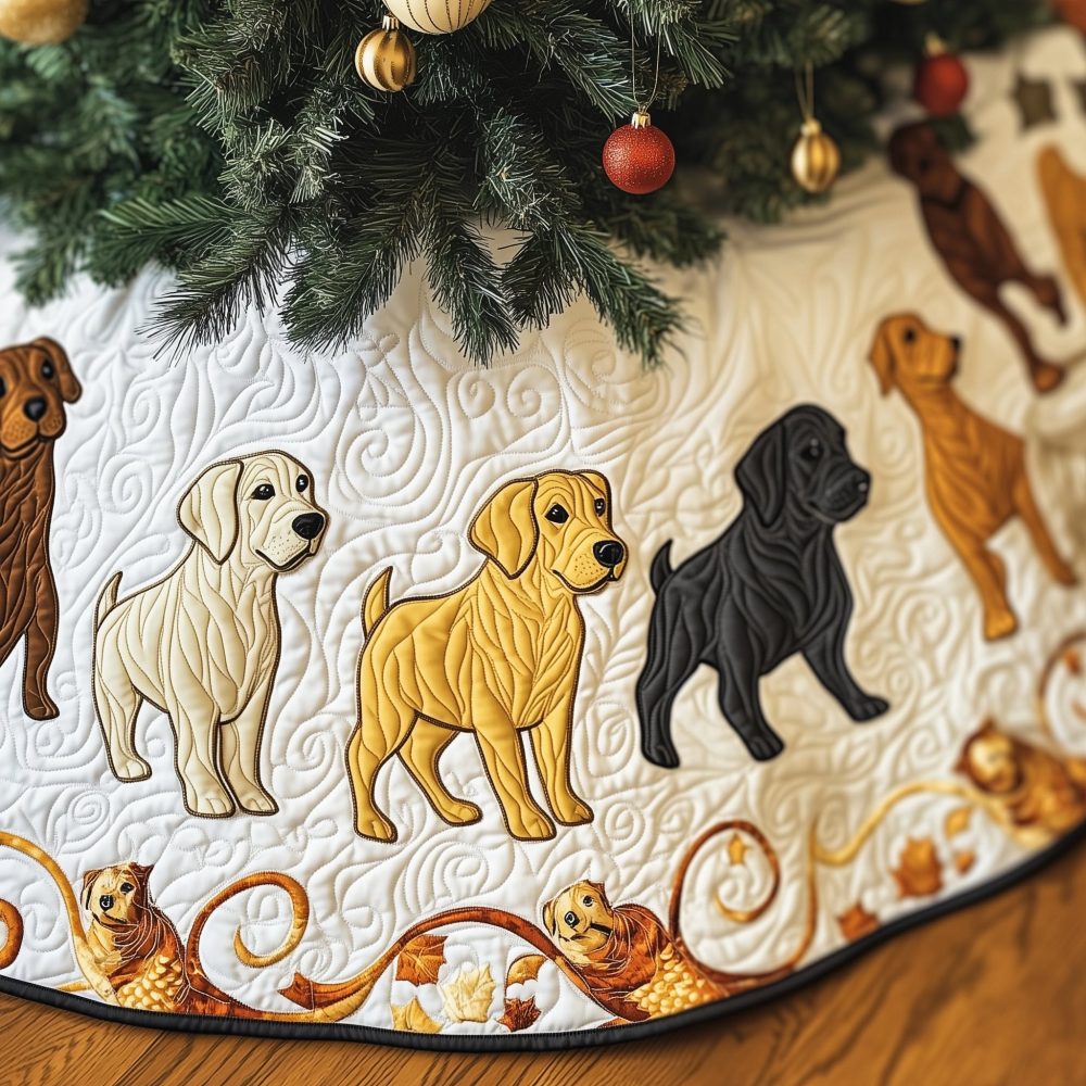 Personalized Labrador Puppy Christmas Tree Skirt — White Quilted Design, Made-To-Order Soft Holiday Floor Cover