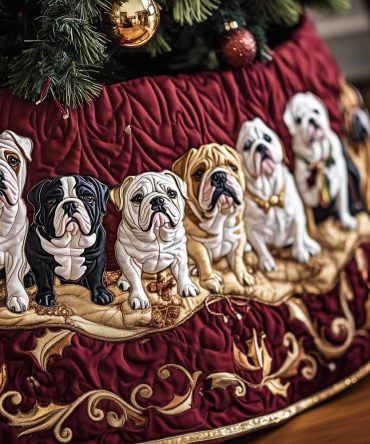 Burgundy & Gold Scroll Bulldog Tree Skirt — Custom Quilted Christmas Skirt, Elegant Holiday Decor For Dog Lovers