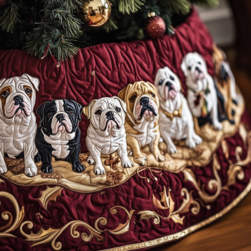 Burgundy & Gold Scroll Bulldog Tree Skirt — Custom Quilted Christmas Skirt, Elegant Holiday Decor For Dog Lovers
