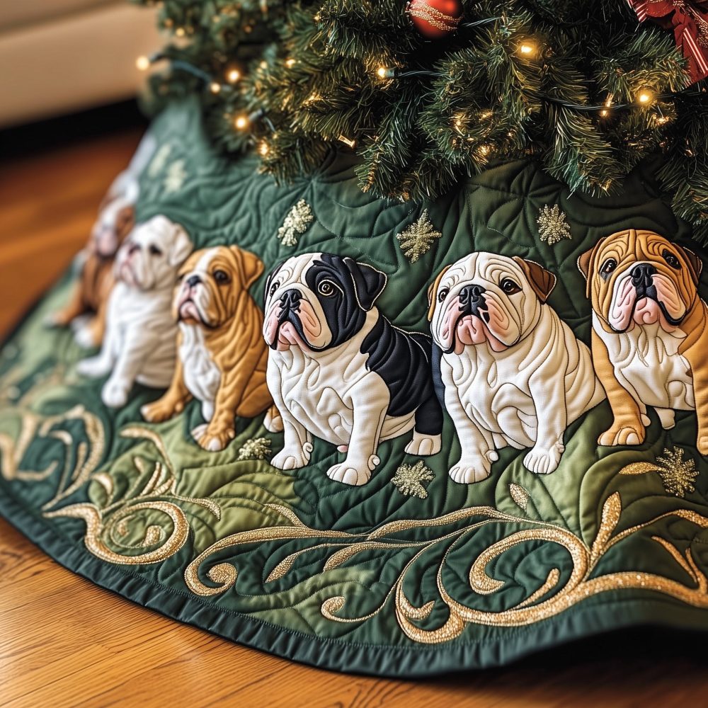 Green Christmas Tree Skirt With Gold Swirl Bulldogs — Custom Quilted Holiday Skirt, Traditional Dog Lover Decor