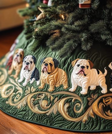 Tan Bulldog Patchwork Holiday Tree Skirt On Green Quilt — Custom-Made Quilted Christmas Skirt, Rustic Farmhouse Style