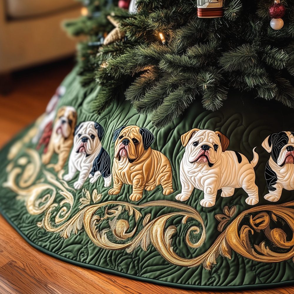 Tan Bulldog Patchwork Holiday Tree Skirt On Green Quilt — Custom-Made Quilted Christmas Skirt, Rustic Farmhouse Style