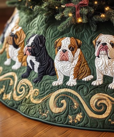 Bold Black & White Bulldog Holiday Tree Skirt On Festive Green — Custom Quilted Christmas Tree Skirt For Pet Fans