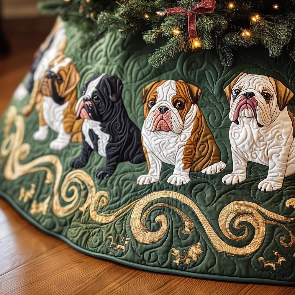 Bold Black & White Bulldog Holiday Tree Skirt On Festive Green — Custom Quilted Christmas Tree Skirt For Pet Fans