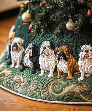 Row Of Bulldogs On Green Christmas Tree Skirt — Handmade Quilted Holiday Base, Festive Canine-Themed Tree Skirt Gift