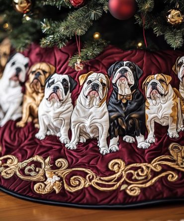 Rich Burgundy Quilted Bulldog Christmas Tree Skirt — Custom-Made Holiday Tree Skirt With Elegant Deep Red Fabric