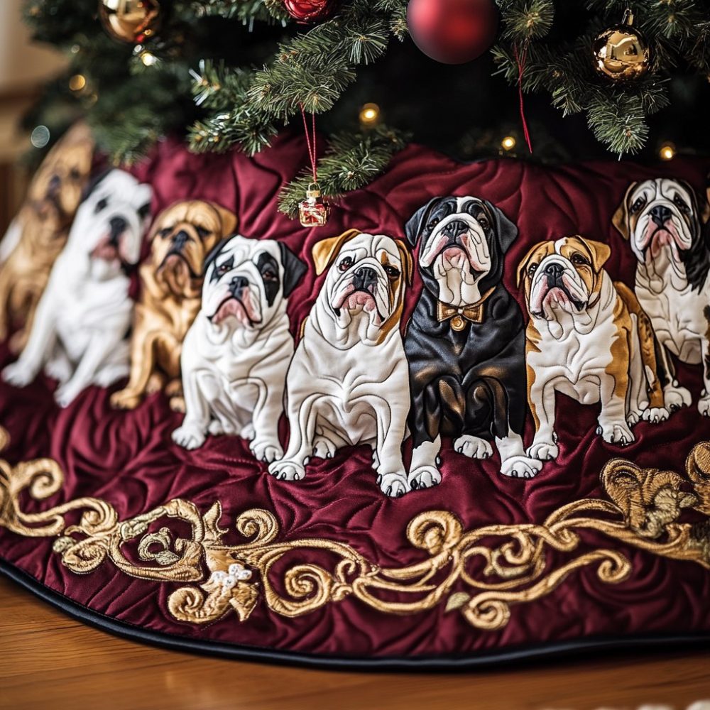 Rich Burgundy Quilted Bulldog Christmas Tree Skirt — Custom-Made Holiday Tree Skirt With Elegant Deep Red Fabric