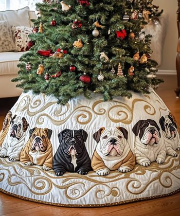 Bulldogs With Gold Swirls On White Christmas Tree Skirt — Handmade Quilted Luxury Holiday Base, Elegant Dog Lover Gift