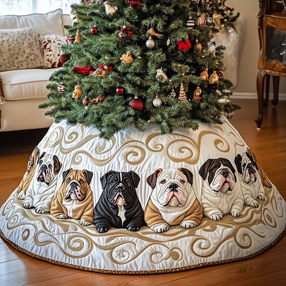 Bulldogs With Gold Swirls On White Christmas Tree Skirt — Handmade Quilted Luxury Holiday Base, Elegant Dog Lover Gift