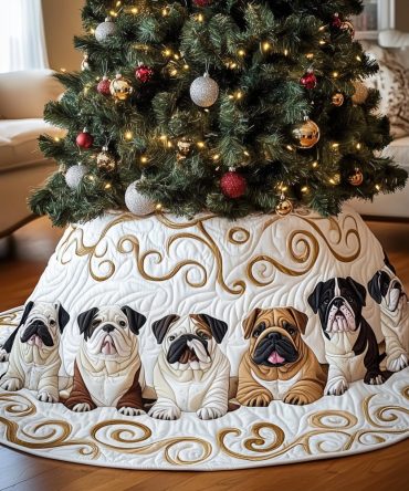Premium Quilted Bulldog Holiday Tree Skirt — Ivory Swirl Design, Custom-Made Christmas Tree Skirt For Dog Lovers