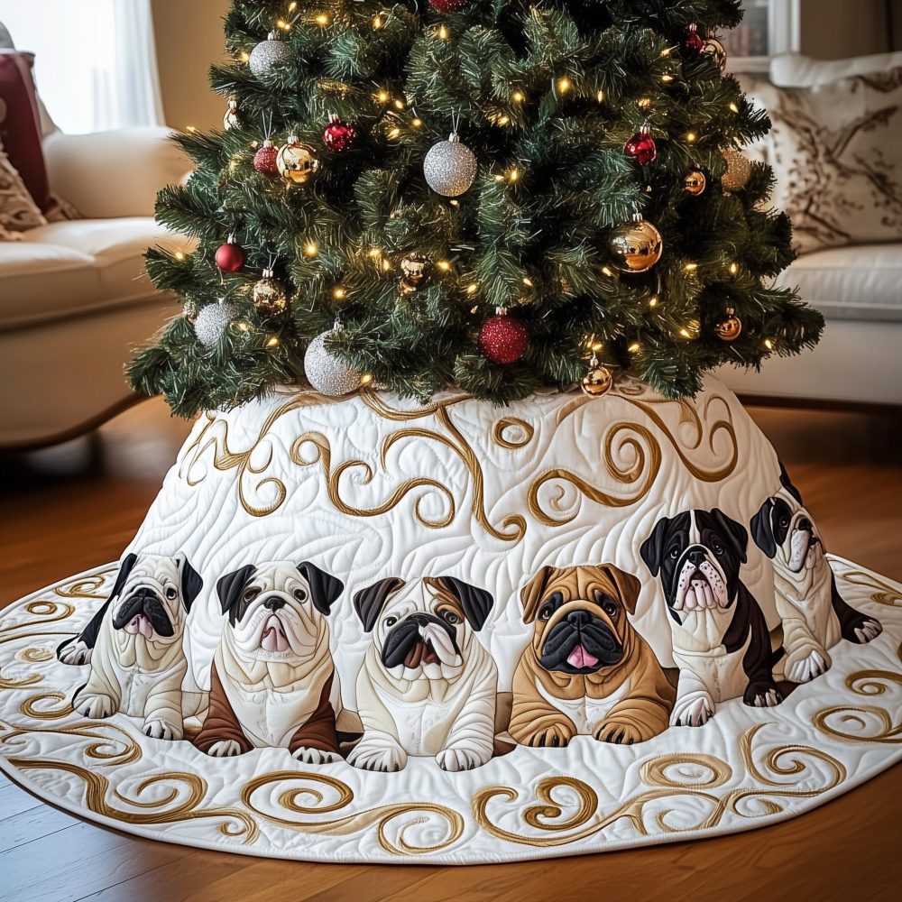 Premium Quilted Bulldog Holiday Tree Skirt — Ivory Swirl Design, Custom-Made Christmas Tree Skirt For Dog Lovers
