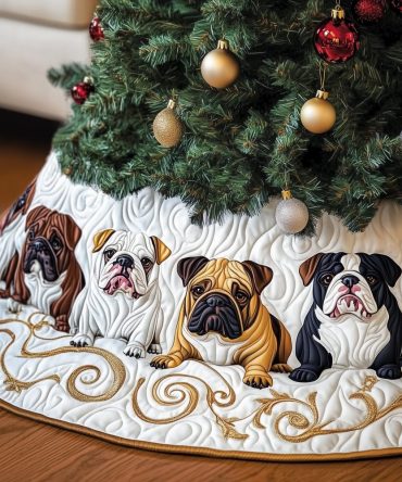 Grouped Bulldogs On White Quilted Christmas Tree Skirt — Custom Handmade Holiday Tree Base, Cute Canine Décor Gift