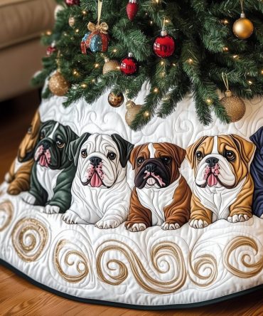 Brown & Black Bulldogs On White Christmas Tree Skirt — Handmade Quilted Tree Base, Charming Dog Lover Holiday Decor