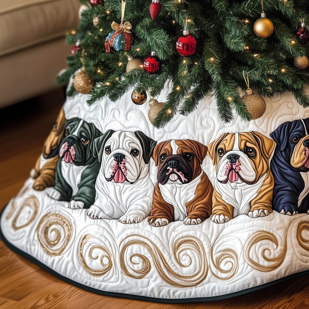 Brown & Black Bulldogs On White Christmas Tree Skirt — Handmade Quilted Tree Base, Charming Dog Lover Holiday Decor