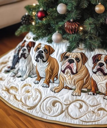 Tan Bulldog Swirl Christmas Tree Skirt On White — Handmade Quilted Holiday Tree Base, Perfect Gift For Bulldog Owners