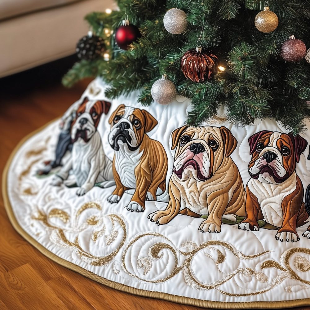 Tan Bulldog Swirl Christmas Tree Skirt On White — Handmade Quilted Holiday Tree Base, Perfect Gift For Bulldog Owners