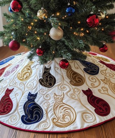 White & Gold Swirl Cat Christmas Tree Skirt — Luxury Quilted Holiday Tree Base, Elegant Handcrafted Cat Lover Gift
