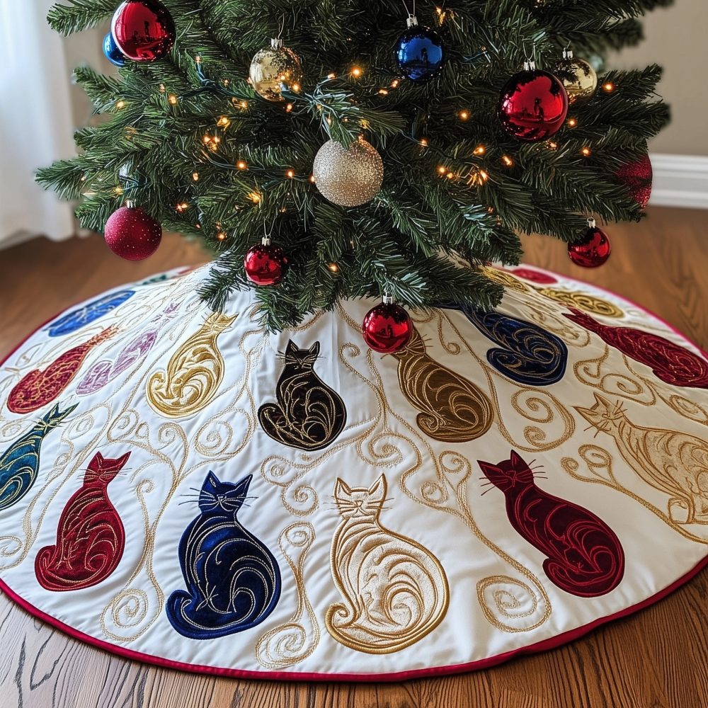 White & Gold Swirl Cat Christmas Tree Skirt — Luxury Quilted Holiday Tree Base, Elegant Handcrafted Cat Lover Gift