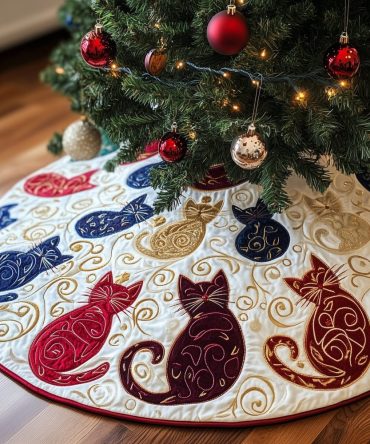 Red & Navy Swirl Cat Christmas Tree Skirt — Handmade Quilted Holiday Tree Base, Festive Cat Themed Home Decor