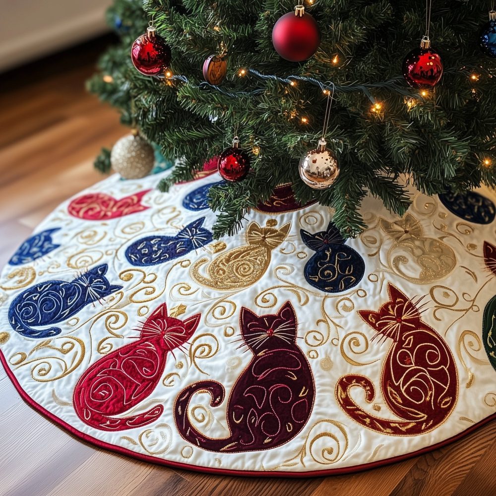 Red & Navy Swirl Cat Christmas Tree Skirt — Handmade Quilted Holiday Tree Base, Festive Cat Themed Home Decor