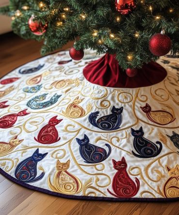 Scattered Mini Swirl Cats On White Christmas Tree Skirt — Handcrafted Quilted Holiday Base With Delicate Cat Pattern