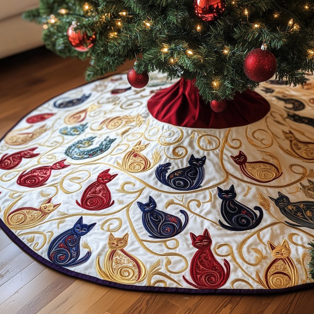 Scattered Mini Swirl Cats On White Christmas Tree Skirt — Handcrafted Quilted Holiday Base With Delicate Cat Pattern