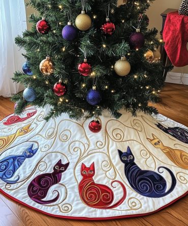 Blue-Edged Swirl Cat Christmas Tree Skirt — Custom Quilted Holiday Tree Base With Decorative Border, Pet-Friendly Gift