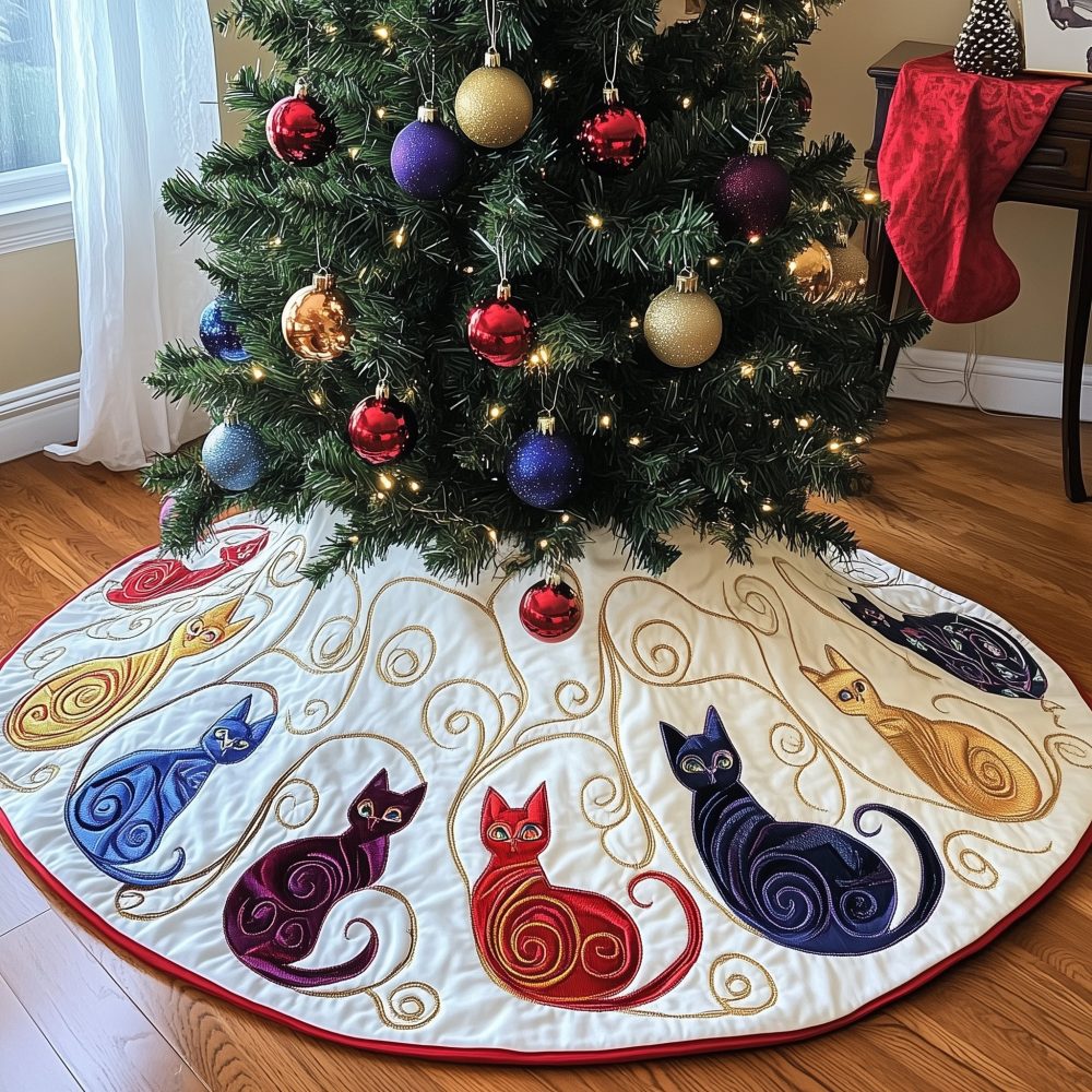 Blue-Edged Swirl Cat Christmas Tree Skirt — Custom Quilted Holiday Tree Base With Decorative Border, Pet-Friendly Gift